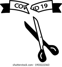World Crisis of Coronvirus Comes to an end Concept, Scissor Cutting Covid-19 Ribbon Vector GLyph Icon Design, return to work symbol on white background