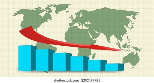 World crisis, decrease chart, moving down arrow on background global map. Chart of financial decline, global economic crisis, recession, decrease graph. Profit down. Vector financial economic design