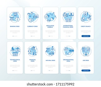 World crisis onboarding mobile app page screen with concepts set. Global problems, emergency types walkthrough five steps graphic instructions. UI vector template with RGB color illustrations