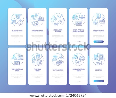 World crisis onboarding mobile app page screen with concepts set. Global problems, emergency types walkthrough five steps graphic instructions. UI vector template with RGB color illustrations