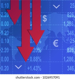 World crisis with red arrows on blue background. Vector illustration of decline of  financial economy.