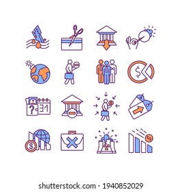 World crisis RGB color icons set. Credit crunch. Bank failure. Maritime disaster. Financial default. Bankruptcy. Workplace loss. Speculative bubbles. Capitalism. Isolated vector illustrations