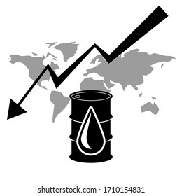 World Crude oil price concept, oil or water drop, barrel down arrow and world map elements vector illustration.