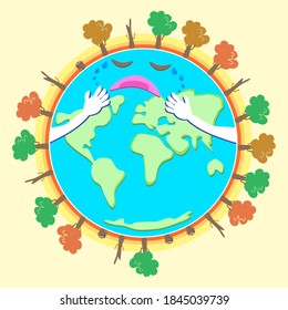 The world is crying because deforestation is causing global warming. flat design illustration. earth day concept.