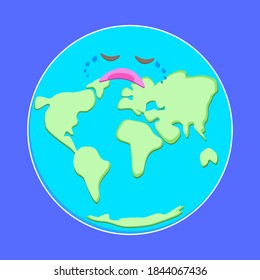 World crying on violet background. Crisis or epidemic effects concept. Cute Flat Vector Illustration.