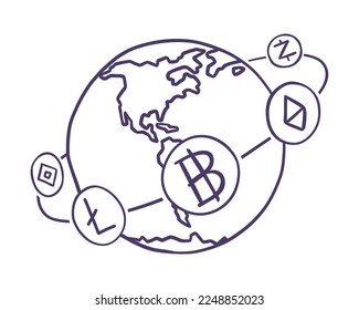 World cryptocurrencies. Money exchange. Vector sketch hand drawn.