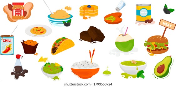 World cuisine food and meals icons isolated on white background. Vector illustration. Vegetarian and healthy food menu