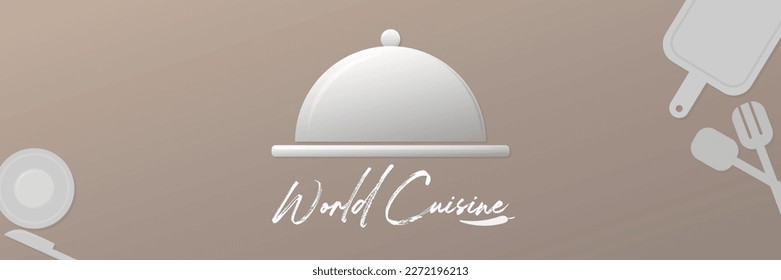 World cuisine. Kitchen dish with kitchen utensils. Logo. Background