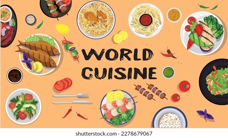 World Cuisine Vector isometric infographics representing dishes Thai Pakistani Vegan and many other. Vector illustration