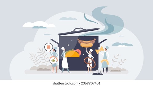 World cuisines and international kitchen traditions tiny person concept. Ethnic dishes with multicultural meal preparation styles and ingredients vector illustration. Global menu for lunch or dinner.