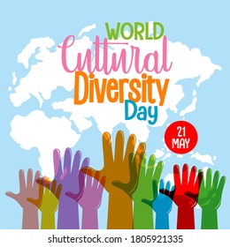 World Cultural Diversity Day logo or banner with many different color hands illustration