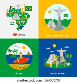 World cultural travel 4 flat icons square composition with brazilian national symbols and colors abstract vector illustration
