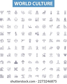 World culture line icons, signs set. Culture, World, Diversity, Traditions, Peoples, Norms, Art, Language, Practices outline vector illustrations.