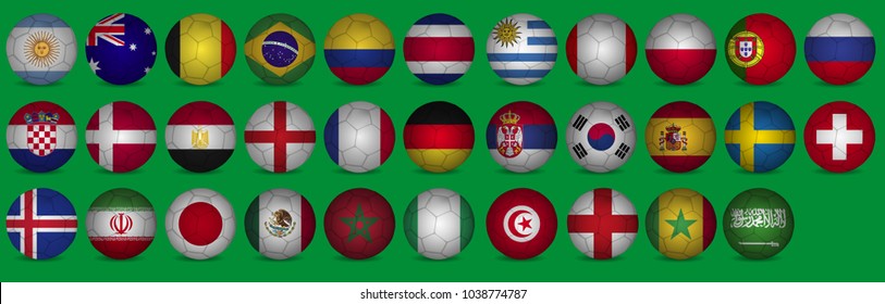World Cup 2018, all qualified teams flags. 32 team