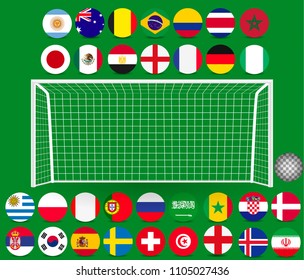 World Cup 2018. Football goal with shadow. all qualified teams flags. 32 team