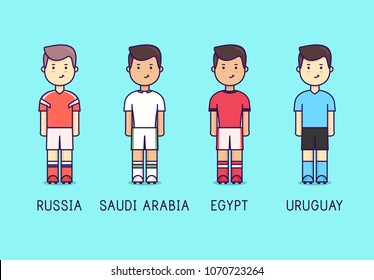 World cup 2018, Group A. Russia 2018. Russia, Saudi Arabia. Egypt, Uruguay. Football players.  Soccer kit flat.