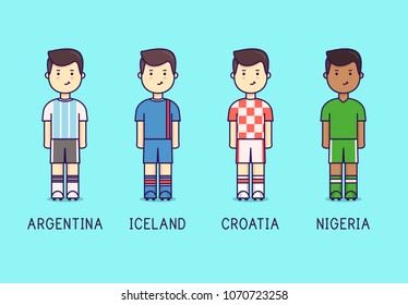 World cup 2018, Group D. Russia 2018. Argentina, Iceland. Croatia, Nigeria. Football players.  Soccer kit. Flat.