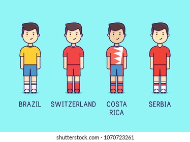 World cup 2018, Group E. Russia 2018. Brazil, Switzerland. Costa Rica, Serbia. Football players.  Soccer kit. Flat.