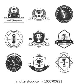 World cup championships competitions festivals tournaments winners awards trophies emblems icons collection isolated black white vector illustration 