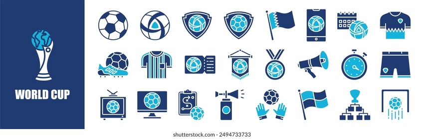 Conjunto de colección de íconos de la Copa Mundial. Contiene diseño, campeonato, partido, competición, juego, torneo y más. Iconos de vector sólido colección.	