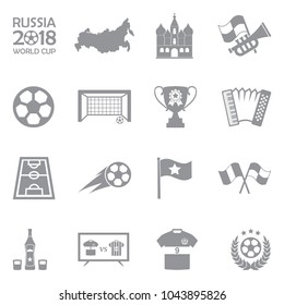 World Cup Russia 2018 Icons. Gray Flat Design. Vector Illustration. 