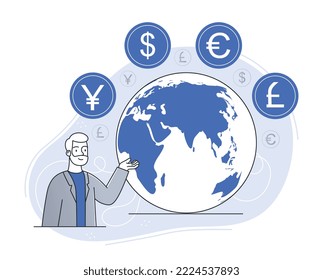 World currencies concept. Man shows his hand to planet. Financial literacy, economics and trading. Talented investor and currency exchange. Poster or banner. Cartoon flat vector illustration