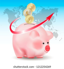 World currencies Dollar, Euro and Pound sterling golden coins falling into money pig bank. Conceptual realistic vector illustration on blue background with world map and red arrow.