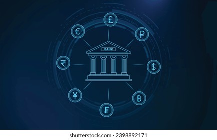 World Currencies exchange concept. Trading and investing Online Banking. Euro, dollar, yen and pound sterling coins. Currency Exchange Poster or banner