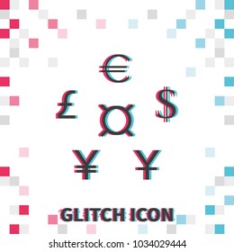 World currencies  glitch effect vector icons.