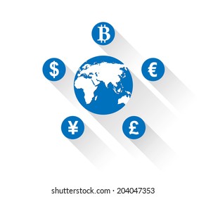 world currencies icons around map of world
