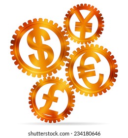 World currencies in shape of golden gears.