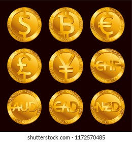 World currencies signs: dollar icon, bitcoin coin, euro sign, pend sterling symbol, Swiss frank etc. Isolated golden Coins icons design, web currency banking concept vector illustration
