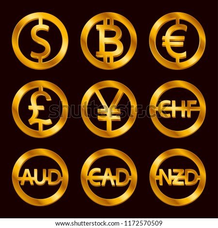 World currencies signs: dollar icon, bitcoin coin, euro sign, pend sterling symbol, Swiss frank etc.  Isolated golden Coins icons design, web currency banking concept vector illustration