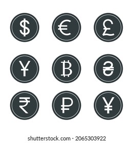 World currency coins collection. Money signs of different countries. Black currency silhouettes. Vector isolated on white