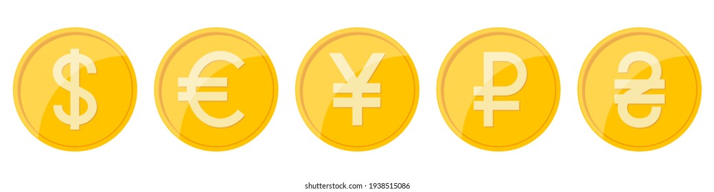 World currency coins. Currency signs of different countries. Vector illustration.