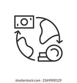 Cambio de moneda mundial, icono lineal, convertidor. Línea con trazo editable