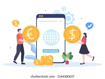World Currency Exchange Services Cartoon Illustration Online Economy Applications for Cryptography, Euro, Dollar with Transaction Code