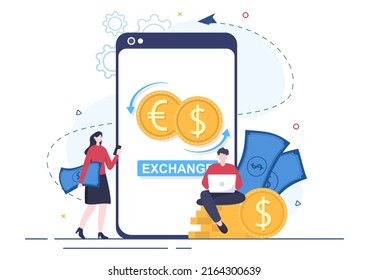 World Currency Exchange Services Cartoon Illustration Online Economy Applications for Cryptography, Euro, Dollar with Transaction Code