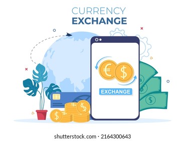 World Currency Exchange Services Cartoon Illustration Online Economy Applications for Cryptography, Euro, Dollar with Transaction Code