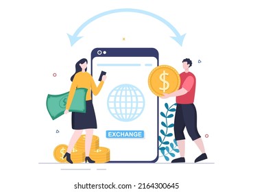 World Currency Exchange Services Cartoon Illustration Online Economy Applications for Cryptography, Euro, Dollar with Transaction Code