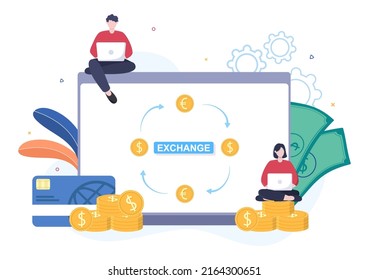 World Currency Exchange Services Cartoon Illustration Online Economy Applications for Cryptography, Euro, Dollar with Transaction Code