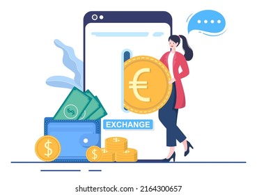 World Currency Exchange Services Cartoon Illustration Online Economy Applications for Cryptography, Euro, Dollar with Transaction Code
