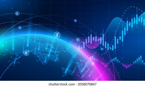 World currency financial. World map point and lines. Global network connection concept. Digital online business trends. Stock exchange market, investment, economic and trading. Vector illustration