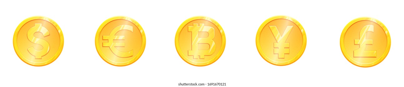 World currency gold coin symbol set. Main currencies dollar euro yen pound bitcoin . Finance investment concept. Exchange Money banking illustration. Business income earnings. Financial sign vector.