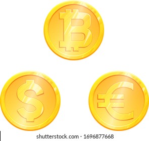 World currency gold coin symbol set. Main currencies dollar, euro, bitcoin. Finance investment concept. Exchange Money banking illustration. Business income earnings. Financial sign stock vector.