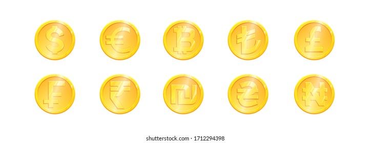 Goldmünzen in der Weltwährung - Symbol für großes Set. Wichtigste Währungen Dollar Euro Pfund Lira Frank Rupe shekel naira hryvna bitcoin. Exchange Money Banking Illustration. Vektorillustration von Finanzzeichen