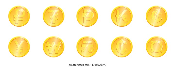 World currency gold coin symbol big set. Main currencies ruble tugric peso kip colon yen won yuan cedi. Exchange Money banking illustration. Financial sign stock vector.