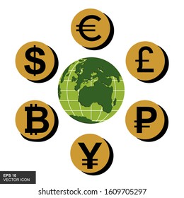 World currency icon around the globe. vector illustration