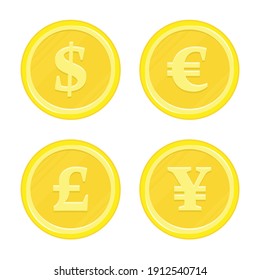 World currency icons Dollar, Euro, Yen and Pound sterling. Currency Gold Coins. Business, finance or currency exchange concept. Vector illustration in modern flat style. 