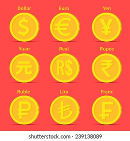 World currency icons: dollar, euro, yen, yuan, brazilian real, indian rupee, russian ruble, turkish lira, swiss franc - stock vector